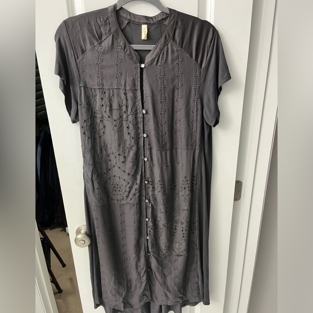 Eyelet, satin and knit hi-lo dress